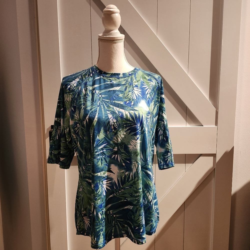 Reel Legends Reel Tec Tropical Green Leaf Print Women's Top L